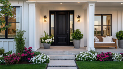Contemporary farmhouse front door design, black entry door accented by brushed metal sconces, columns and vertical white wood siding completing the aesthetic