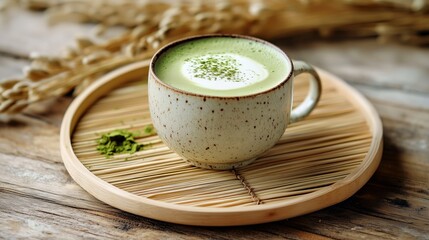 Green matcha tea served in a rustic ceramic cup on a bamboo tray, surrounded by natural elements, showcasing a calming beverage experience with organic textures