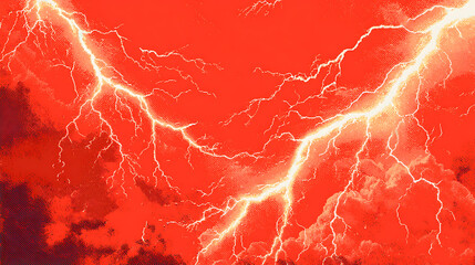 Dramatic red sky illuminated by lightning bolts, showcasing a stormy atmosphere above