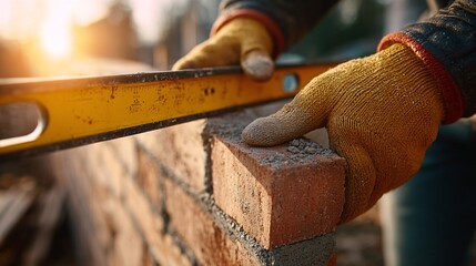 Gloved hands holding a level against a brick wall in progress, autumn sun glow