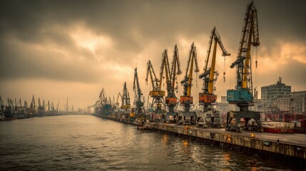 Naklejka premium Busy Industrial Port with Cranes Against Cloudy Sky, Representing Global Trade and Logistics