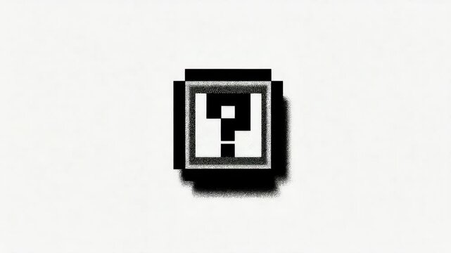 Black question mark symbol in layered square stencil style, rough textured edges, centered on clean white background, symbolizing mystery
