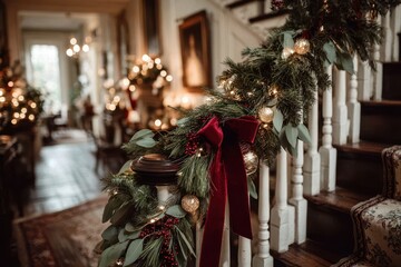 Elegant Christmas Decor with Festive Garlands on Stairs