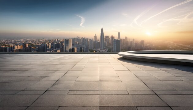 wide angle view of empty concrete floor with modern curved design showcasing city skyline in background serene atmosphere evokes sense of openness and tranquility