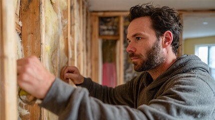 Fototapeta premium Homeowner inspecting partial wall build during renovation