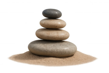 Pebble stack balancing delicately on sandy surface, creating zen-like minimalist composition