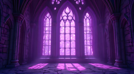 Mystical Purple Gothic Church Interior with Stained Glass Windows and Light Rays