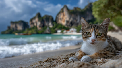 Obraz premium Adorable cat lounging on soft golden sand at Railay Beach, turquoise waves gently rolling in, limestone cliffs rising majestically in the background