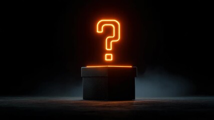 Black round gift box with glowing orange question mark above it, on dark background, symbolizing mystery, curiosity, and surprise concept - Powered by Adobe