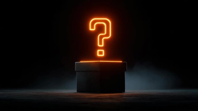 Black round gift box with glowing orange question mark above it, on dark background, symbolizing mystery, curiosity, and surprise concept