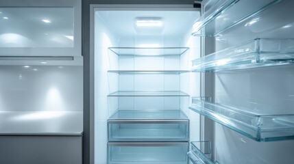 Fototapeta premium Empty Refrigerator with Glass Shelves and Drawers, Lit with Cool LED Light, Ready for Food Storage