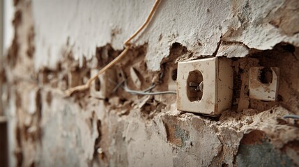 Interior renovation: half-demolished wall with exposed wires and plaster, ambient light