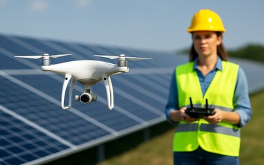 White quadcopter drone inspecting solar panels with female operator in safety gear controlling flight