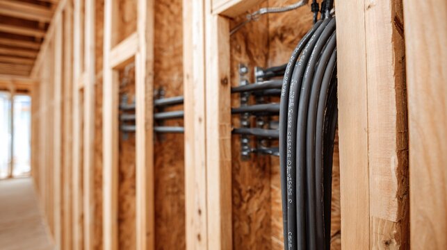 Interior wall framing with electrical conduit in place, minimal background,