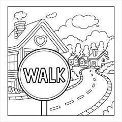 Naklejka premium Neighborhood Road with Walk Sign Coloring Page for Kids