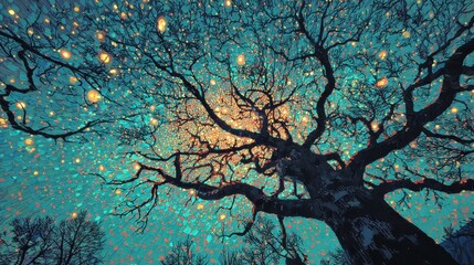 a magical night sky with glowing teal and gold lights seen through the branches of a stylized dark tree.