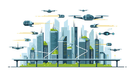 Obraz premium Futuristic Smart City with Flying Vehicles A Modern Vision of Urban Life and Transportation