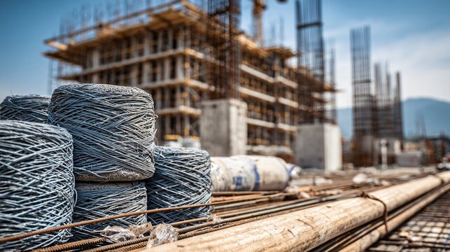 Mid-construction scene with scaffolding, rebar structure, and insulation rolls stacked nearby