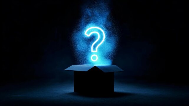 Glowing blue question mark rising from an open box, surreal lighting style, dark background, concept of mystery and discovery