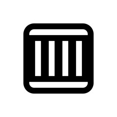 A black and white graphic of a rounded rectangle shape with two vertical white bars in the center frame area