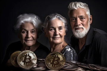 Senior individuals celebrate success in cryptocurrency investment with joyful expressions and Bitcoin tokens surrounded by gold coins indoors