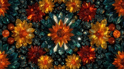 Vibrant kaleidoscope floral ornament with geometric symmetry, vivid colors.