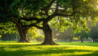 Naklejka premium Lush green trees stand tall in a sun-drenched park, casting gentle shadows on the vibrant green grass.
