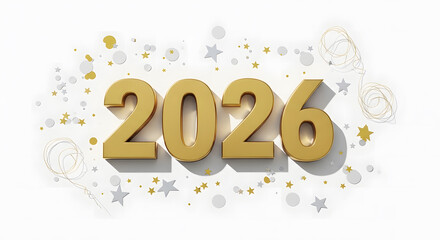 Golden 3D numbers spelling out the year 2026, surrounded by festive confetti and stars.
