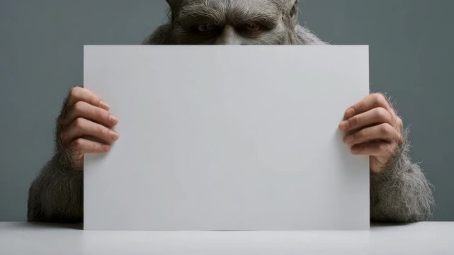 A furry humanoid creature holds a blank white sheet of paper, studio shot with grey background, concept of hidden message or secret sign