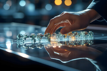 Hand assembling transparent puzzle pieces on a glossy surface during evening hours with soft background lighting