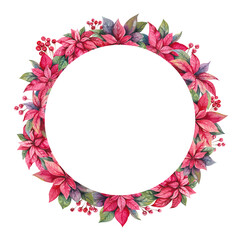 Poinsettia Christmas winter flower and holly berries on branches hand drawn watercolor illustration isolated on white. Bright red floral frame for interior, New Year, holiday, festive designs, cards