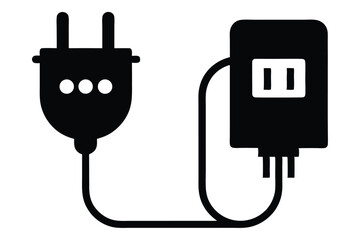Black Silhouette of an Electric Plug and a Power Adapter with Cable Connected
