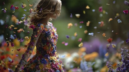 a young woman wearing a colorful dress made of flower petals with loose petals floating around in a blurred garden setting.
