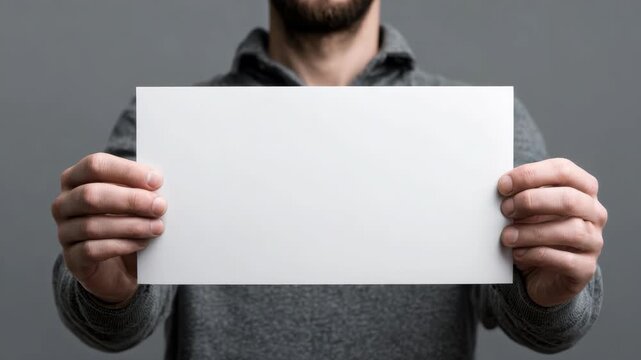 Man in gray sweater holding blank white rectangular paper with both hands, realistic style, centered on neutral gray background, concept of message