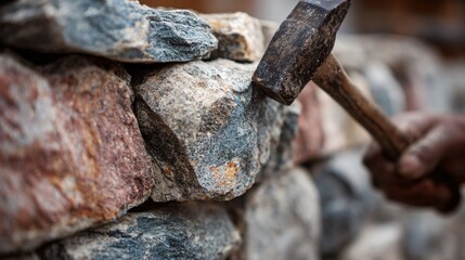 Fototapeta premium Rustic stone wall being built with natural stones and manual hammer, earthy tones