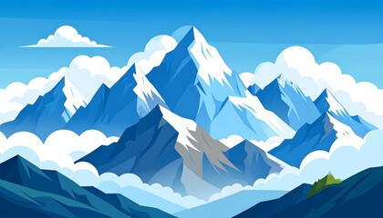 A vast mountain range, capped with snow, rises above clouds against a vibrant blue sky.  Dense clouds gather at the base of the peaks, highlighting the dramatic landscape.