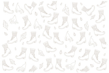 A repeating pattern of striped boots leaves and seed pods on a white background in a simple line drawing