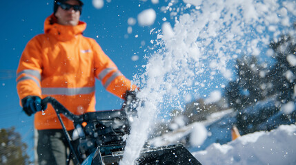Close-up of municipal worker in bright orange safety jacket operating a snow blower, snow spraying in arcs, falling flakes catching soft winter light
