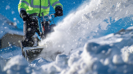 Close-up of snow blower auger churning through thick snow, municipal workerâs reflective jacket partially visible, snowflakes in midair