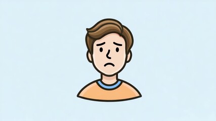 Cartoon style sad boy with brown hair wearing an orange shirt, shown on a light blue background, expressing worry or unhappiness concept