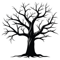 Silhouette of a Bare Tree with Roots and Branches, Vector Illustration