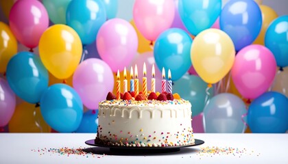 Festive Birthday Cake with Candles  Balloons  Celebration with Party Concept.