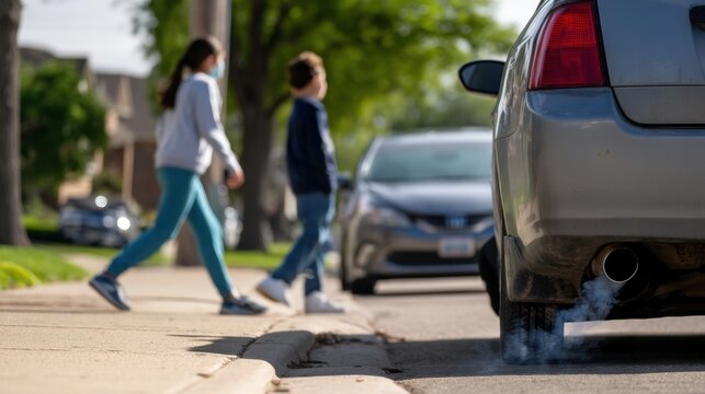 Children walking school zone vehicle idling exhaust fumes safety urban environment traffic pedestrian road outdoor sunny day family community awareness waiting street neighborhood vehicles motion