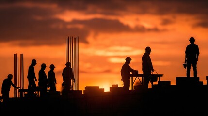Silhouette of construction team at sunset, brick wall backdrop