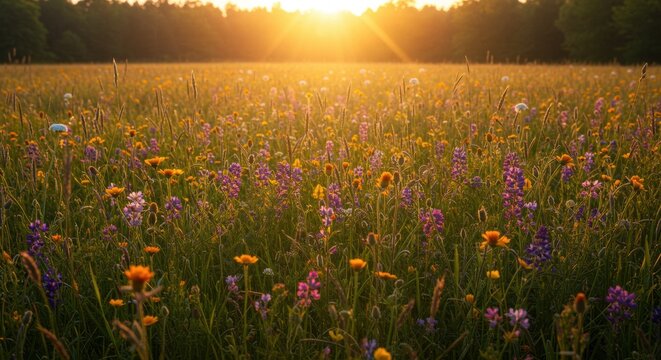 Golden hour sunbeams illuminate a vast field bursting with colorful wildflowers, creating a serene and picturesque natural landscape