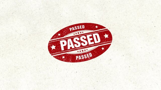 Passed Text Wooden Stamp Animation with Red Ink on White Paper Background