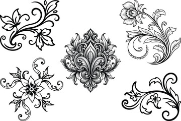 Black and white ornate floral and scrollwork decorative elements flourish