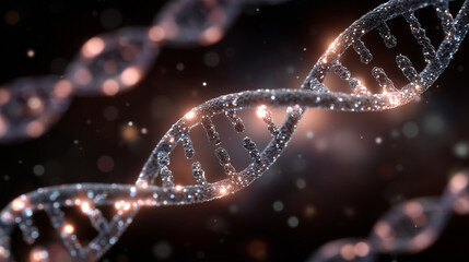 Intertwined DNA helices floating in soft ambient light, shadowed background enhancing depth and intricacy, symbolizing ancestry and inherited traits