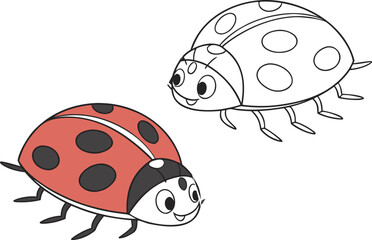 Naklejka premium Two cartoon ladybugs one colored red and black the other outline insect illustration