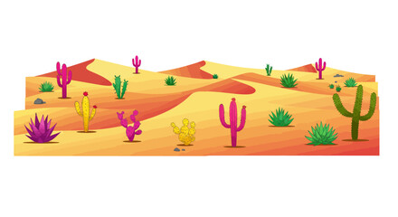 Obraz premium Colorful Desert Landscape with Cacti and Sand Dunes Illustration.